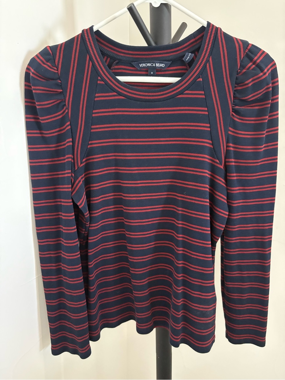 Veronica Beard Navy and Red Striped Puff-Sleeve Long Sleeve Top